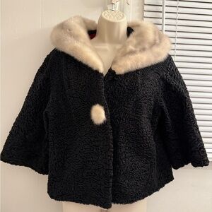 Luxurious Vintage Black Persian Lamb and Mink Collar/Single Button Coat